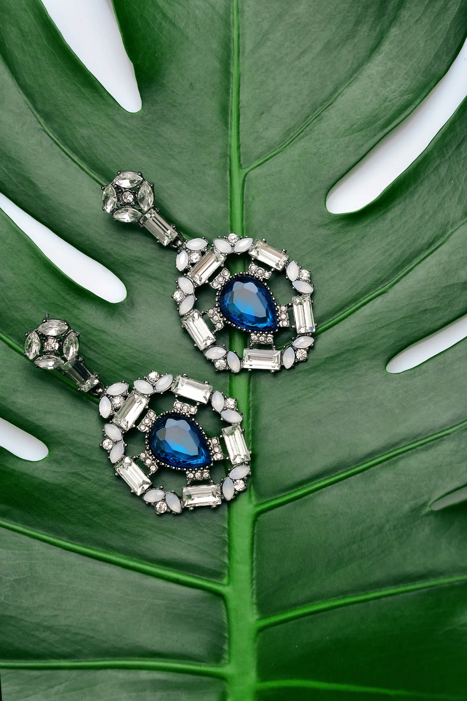Jewelled earrings on a green leaf