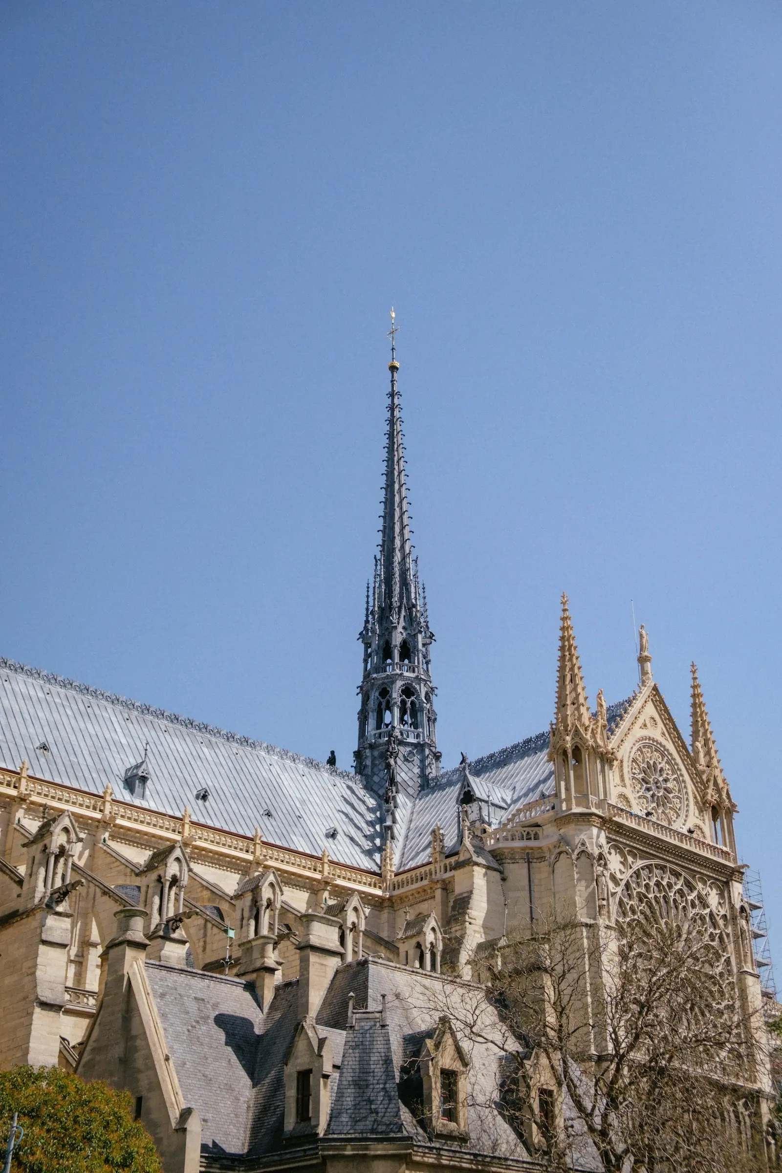 Mavi gökyüzü önünde Notre-Dame kulesi