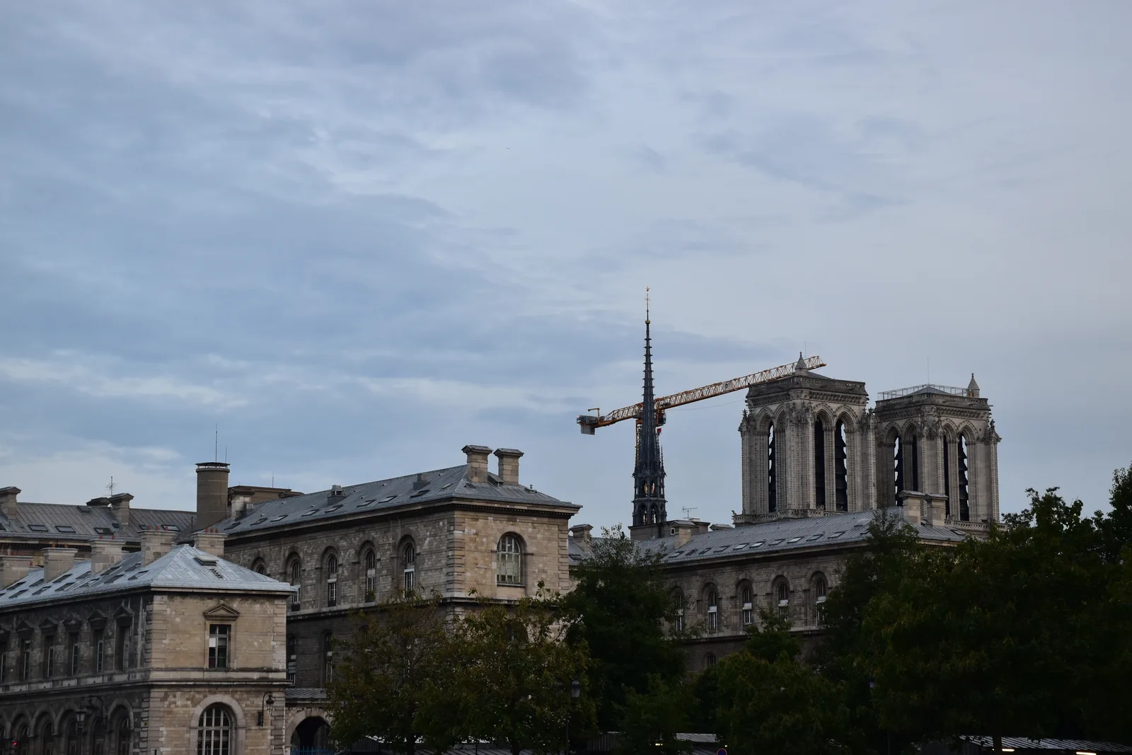 Notre-Dame de Paris yandan görünümü ve inşaat vinci, Ekim 2025